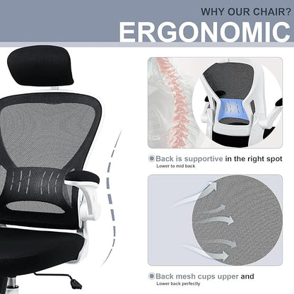 Office Chair Ergonomic Desk Chair Comfort Adjustable Height with Wheels，Lumbar Support Mesh Swivel Computer Home Office Study Task Chair Black & White