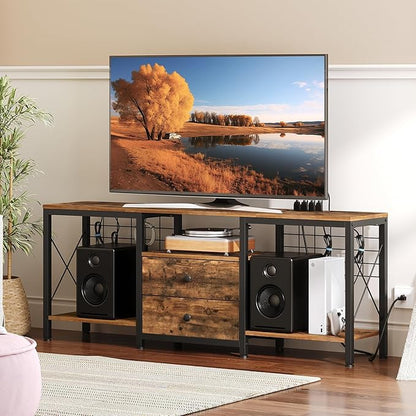 TV Stand with Power Outlet Up to 60 Inch, Entertainment Center with 2 Fabric Drawers, TV Console Table with Open Storage Shelves for TVs, Cable Management, for Living Room, Bedroom, DS14UBRY1