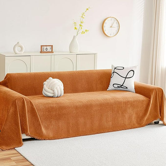 hyha Couch Cover for Dogs, Boho Sofa Covers for 3 Cushion Couch Washable, Chenille Sofa Slipcover for Pets, Soft Loveseat Sectional Couch Throw Blankets with Tassels (Orange, 88.5x150 Inch)