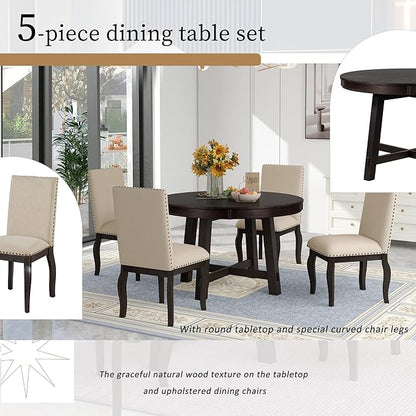 5 Pieces Dining Table Set with 43" Round Extendable Desk,Living Room Furniture W/ 4 Upholstered Curved Legs Chairs,for Restaurant,Home Bistro,Espresso