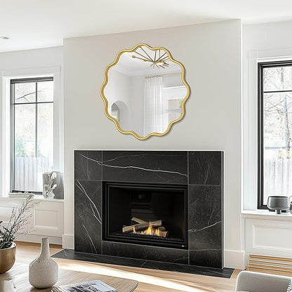 PROHOMEWARE Gold Round Mirror 30 Inch Wavy Bathroom Vanity Mirror Gold Frame Modern Wall Mirror Decorative Wall-Mounte Anti-Rust, Tempered Glass