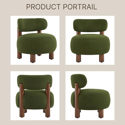 Modern Boucle Accent Chair Set of 2, with Plush Faux Sherpa Upholstery, Curved Backrest, Solid Wood Legs for Living Room Bedroom Reading Nook, 27.5", Green