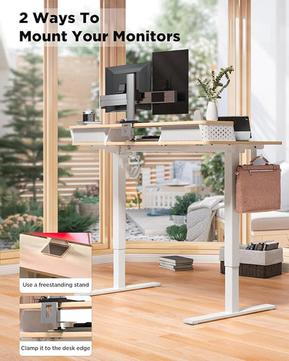 35x20 Inch Standing Desk with Double Drawers, C-Clamp Mount Compatible, Electric Adjustable Height Computer Stand Up Desks, Home Office Sit Stand Table with 3 Preset Heights & 2 Hooks, Natural