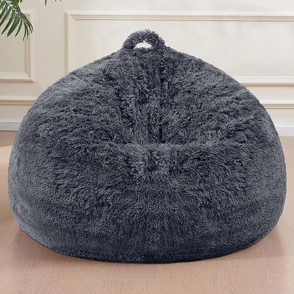 Bean Bag Cover(No Filler), Faux Fur Comfy Bean Bag Chairs for Adults, Washable Bean Bag Chair Cover, Fluffy Plush Giant Bean Bags Chairs for Teens Kids Girls, Anti-Slip, 5FT, Dark Grey