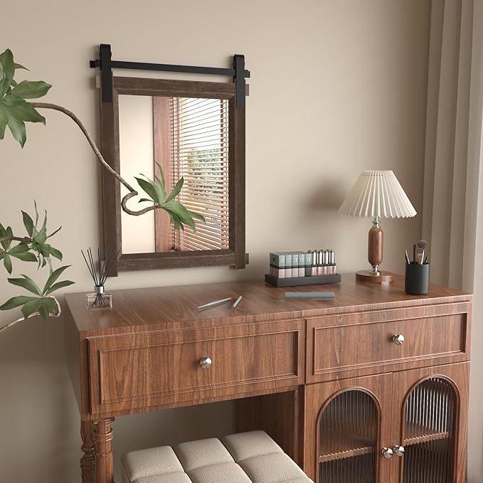 Farmhouse Barn Door Mirror: 22"x30" Black Rustic Wood Frame Mirror for Wall - Home Decor for Entryway/Bathroom/Living Room