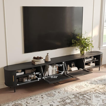 POVISON Sliding Tambour Door TV Stand, Mid Century Modern TV Console, Wood Media Console, Entertainment Center with Storage Cabinet, Fully-Assembled (Black, 118.11")