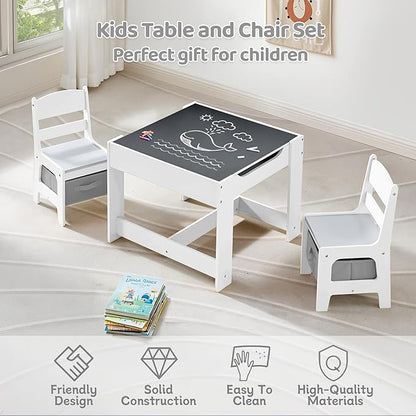 Kids Table and Chairs Set, 4 in 1 Wooden Kids Table with Reversible Tabletop, Children Activity Table with Removable Tabletop Storage, Toddler Table and Chair Set for Home, Nursery, Playroom