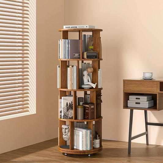 4 Tier Rotating Bookshelf Tower, 360 Spinning Bookcase Carousel with Lockable Wheels, Round Lazy Susan Organizer for Corner Bookshelf, Solid Wood Revolving Bookcase for Kids Room, Bedroom, Living Room
