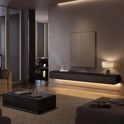 Minimalist Floating TV Stand with LED Lights, Modern Wall-Mounted Media Console with 4 Flip-Down Cabinet Doors for 85 Inch TV, Fully-Assembled, Black Oak, 94"