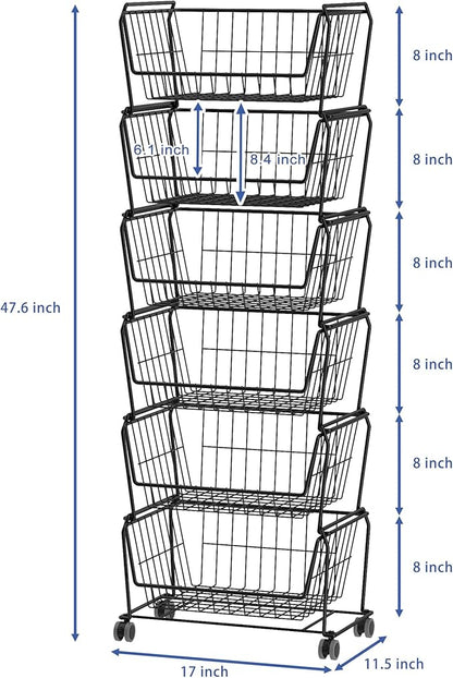 PUSDON Stackable Metal Storage Carts, Dual Use Shelf for Kitchen Fruit Vegetable Baskets with Wheels, Storage Rack for Living Room, Home & Office, Standard Black 6 Tiers