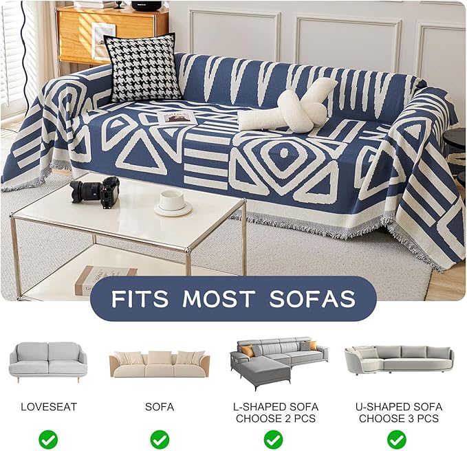 STACYPIK Boho Chenille Blue Sofa Cover L Shaped Couch Cover Reversible Couch Cover for 3 Cushion Couch Non-Silp Furniture Cover for Dogs Cats Sectional Sofa Cover for Loveseat Futon Cover-91X150IN