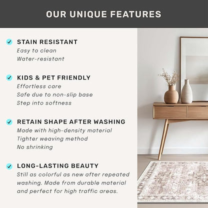 Washable Neutral Farmhouse Large Entryway Rug, 3x5 Area Rugs for Kitchen, Bedroom, Laundry Room, Nursery Room, Boho Vintage Floral Non-Slip Throw Rug Low Pile Stain Resistant (3x5 Beige/Latte)
