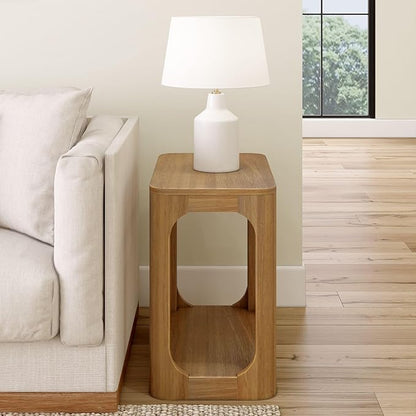 Plank+Beam Modern Rounded Rectangular Side Table with Shelf, Solid Wood End Table for Living Room, 25in, Pecan