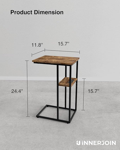 Innerjoin Side Table with Charging Station Set of 2, C Shaped End Table with LED Light Strip, Fast Charge Type C & USB Ports, Small Sofa Snack Laptop Side Table for Living Room Bedroom, Rustic Brown