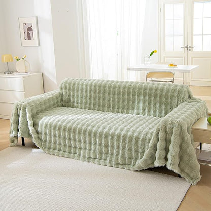 VM VOUGEMARKET Thick Faux Rabbit Fur Couch Cover 1-Piece Non-Slip Warm Soft Cozy Sofa Covers,Fluffy Plush Sofa Slipcover Furniture Protector for Kids,Pets(Green,71" x 118")