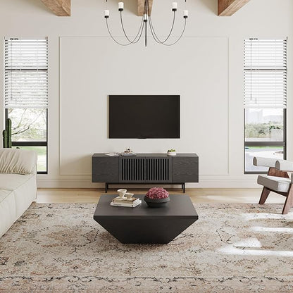 POVISON Full Assembled Mid-Century Modern TV Stand with Slatted Doors, Wood Media Console for 65 Inch TV, TV Console with Tall-cast Metal Legs, Entertainment Center with Storage for Living Room