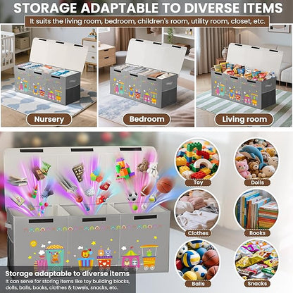 120L Large Toy Storage Box with Lid, Extra Large Toy Box Chest, Large Toy Box for Kids, Girls and Boys, Nursery Room and Living Room, 40"x13" x16"(grey-train)