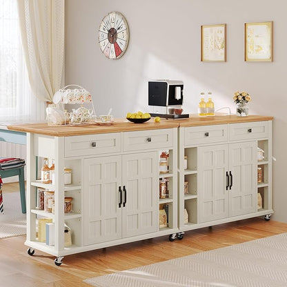 DWVO Rolling Kitchen Island with Drop Leaf, Mobile Storage Islands with Power Outlet Foldable Tabletop, 2 Drawers and Open Shelves, for Living Room, Dining Room, Off White