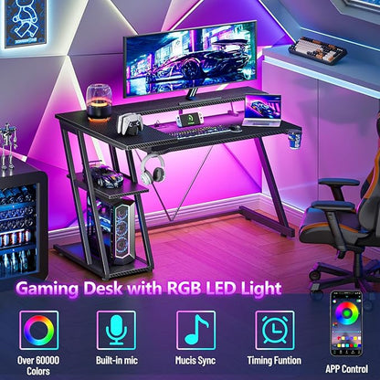 40 Inch Gaming Desk with Power Outlet & LED Lights, L Shaped Computer Gaming Table with 3 Tiers Storage Shelves, Corner Gamer Desk with Monitor Stand for Small Space, Carbon Fiber Black