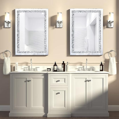 Crystal Decorative Mirror-28 x20 Rectangle Gorgeous Silver Mirror, Crush Diamond Mirror for Wall Decoration Bedroom, Hallway, Dining Room