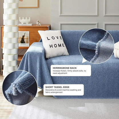 STACYPIK Stylish Blue Sofa Cover Chenille Herringbone Couch Covers for 3 Cushion Couch Cat Scratches Couch Covers for Sectional Sofa Pet Protector Futon Loveseat Cover Multi-Use Throw Blanket-71x150IN