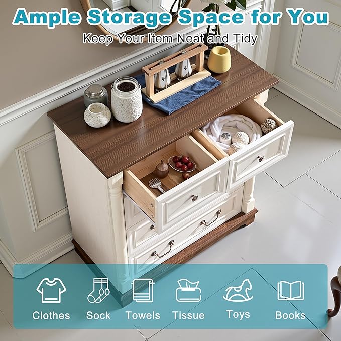 31.5" Farmhouse Sideboard Buffet Cabinet with Storage, Kitchen Buffet Storage Cabinet with 5 Drawers, Modern Wood Accent Sideboard for Living Room, Kitchen, Hallway(Antique White)
