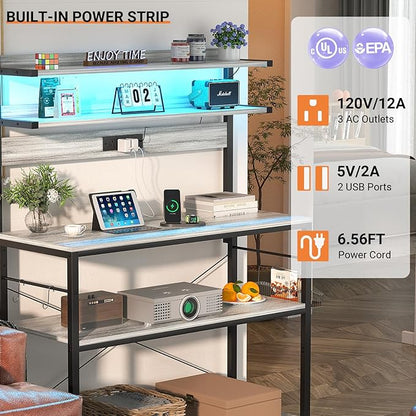 Aheaplus Bakers Rack with Power Outlet, Microwave Stand, 5 Tiers Coffee Bar Station with Led Lights, Kitchen Storage Shelf with 6 S-Shaped Hooks, Kitchen Rack Coffee Bar Stand, White Oak