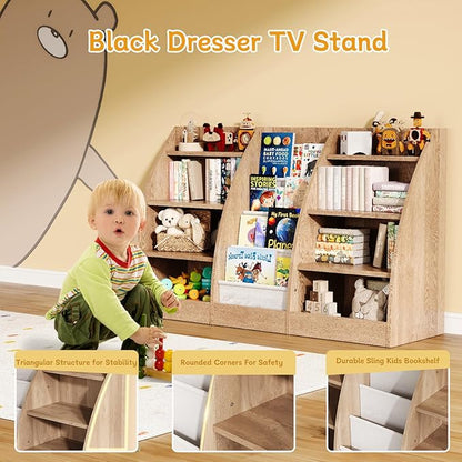 4 Tier Kids Bookshelf, 4 Layer Sling Kids Book Shelf for Kids Rooms, XXL Wood Children Bookcase,Baby Storage Book Rack,Toddler Bookshelf, Book and Toy Organizer,Book Display Shelf Burlywood