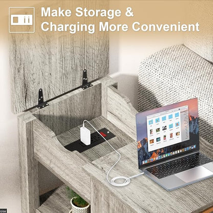End Table with Charging Station 24'' Nightstand with Charging Station Vintage Side Table with Storage Wooden Sofa Side Table and Outlets Bedside Table for Living Room Office Bedroom (Grey)