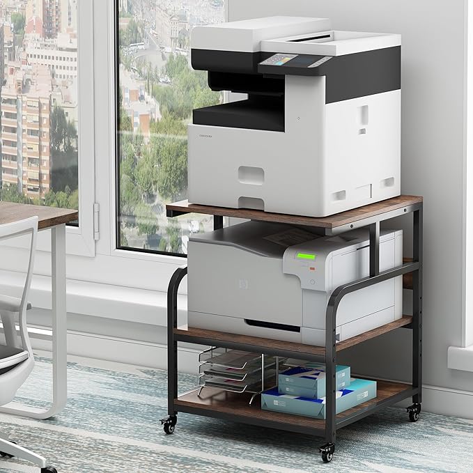 23.6" Deep Extra Large Printer Stand, 3 Tier Printer Table with Adjustable Storage Shelf, Rolling Printer Cart with Industrial Wheels for Home Office, Rustic Brown