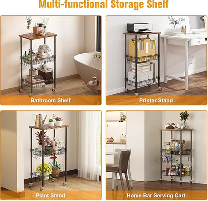 Rolling Kitchen Storage Cart, 3-Tier Storage Rack on Caster Wheels with Adjustable 2 Baskets, Coffee Station Cart Rack Shelf Organizer for Living Room Office, Balcony, Rustic Brown/Black