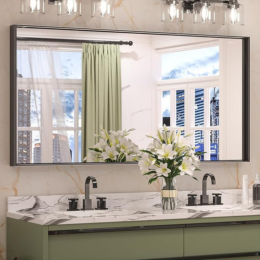 Keonjinn 48 x 24 Inch Black Bathroom Mirrors for Over Sink Bathroom Vanity Mirror for Wall Metal Frame Rectangle Mirror Large Square Corner Matte Black Mirror Full Length Mirror(Horizontal/Vertical)