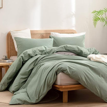 BESTOUCH Duvet Cover Set 100% Washed Cotton Linen Feel Super Soft Comfortable Chic Lightweight 3 PCs Home Bedding Set Solid Green King