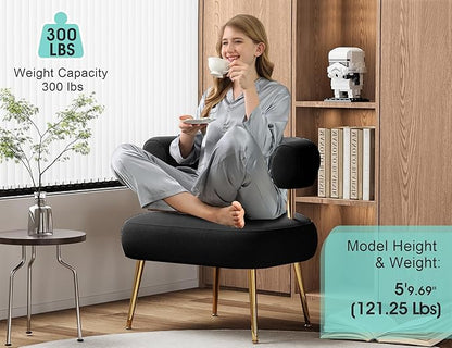 Modern Velvet Accent Chair, Round Upholstered Barrel Armchair for Small Spaces, Fluffy Side Corner Sofa Chair for Living Room, Bedroom, Vanity, Office, Reading Nook(Black)