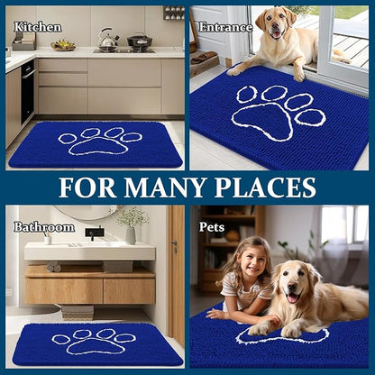 OLANLY Door Mat for Muddy Dog Paws 36x24, Ultra Absorbent Chenille Mud Doormat with Paw Print Design, Non-Slip Washable Doormat for Indoor Entryway, Quick-Dry Pet Bed Mats for Dirty Dogs, Royal Blue