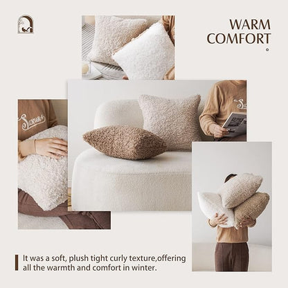Foindtower 2 Pieces Teddy Faux Fur Throw Pillow Cover Decorative Sherpa Pillow Fuzzy Accent Pillowcases Soft Sheepskin Fleece Cushion Case for Bed Couch Living Room 18x18 Inch Chocolate