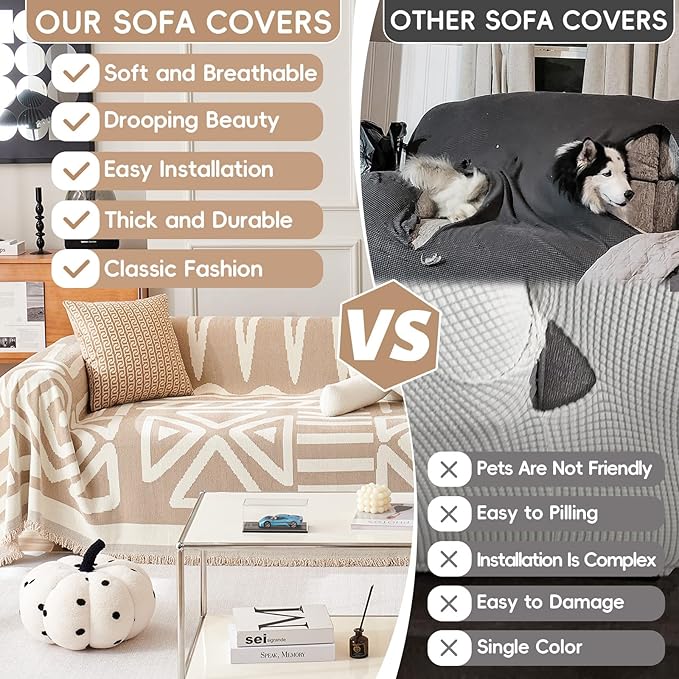 STACYPIK Reversible Khaki Beige Couch Cover Boho Couch Cover for Dogs with Tassels Anti-Slip Furniture Protector for 2 Cushion Couch Versatile Sofa Protector Washable Loveseat Cover Decor-71X90IN