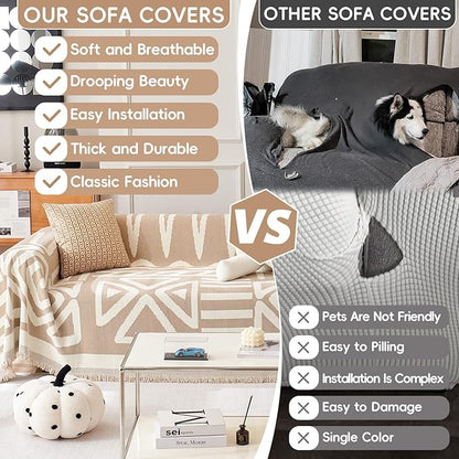 STACYPIK Reversible Khaki Beige Couch Cover Boho Couch Cover for Dogs with Tassels Anti-Slip Furniture Protector for 2 Cushion Couch Versatile Sofa Protector Washable Loveseat Cover Decor-71X90IN