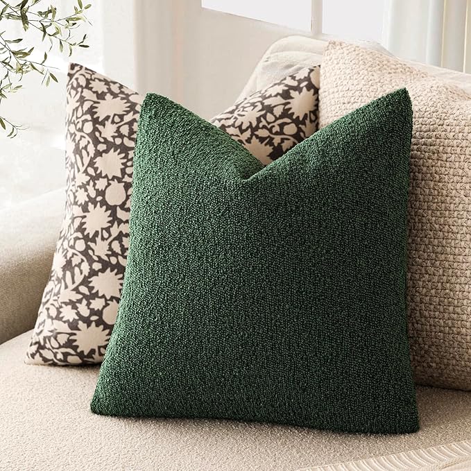 Foindtower Pack of 2, Decorative Textured Boucle Throw Pillow Covers Neutral Accent Solid Pillow Cases Soft Couch Cushion Case for Chair Sofa Bedroom Living Room Home Decor 22x22 Inch Pine Green