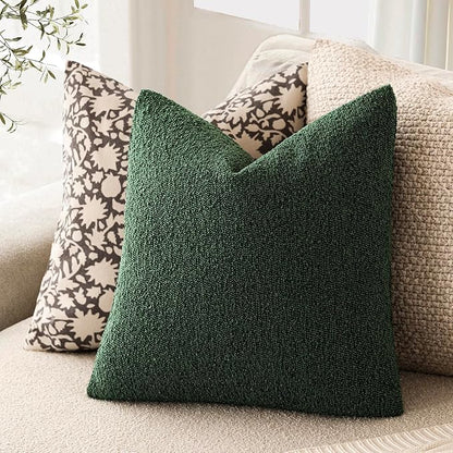 Foindtower Pack of 2, Decorative Textured Boucle Throw Pillow Covers Neutral Accent Solid Pillow Cases Soft Couch Cushion Case for Chair Sofa Bedroom Living Room Home Decor 22x22 Inch Pine Green