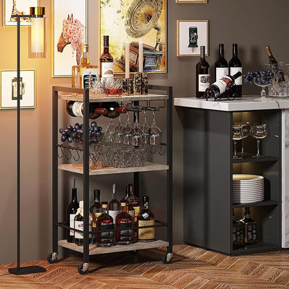 TUTOTAK Bar Cart, Home Bar Serving Cart, Small Wine Cart with 3-Tier Shelf, Beverage cart, Drink Cart with Wine Rack and Glass Holder, Rolling bar carts for The Home, Living Room, Greige BC01BG035