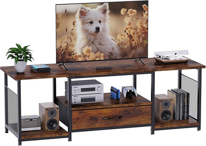 TV Stand with Drawers and Open Storage Shelves for 65 60 55 Inch TV, Entertainment Center with Open Storage Shelves, Industrial Media TV Console Table for Living Room Bedroom Office, Rustic Brown