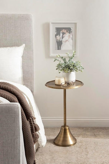 Kate and Laurel Sanzo Modern Round Pedestal Side Table; 15 x 15 x 24; Gold; Decorative End Table with Hammered Tabletop for Use as a Bedroom Nightstand or Living Room Accent