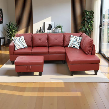 97" Oversized Sectional Couch, L Shaped Couch with Storage Ottoman, Modern Modular Sofa with Deep Seat, Sectional Couches for Living Room and Office, Red (Faux Leather)