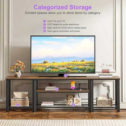 WelFurGeer Industrial Metal TV Stands with RGB LED Lights & Built-in Power Outlets - Modern TV Entertainment Center for Living Room, Open Grid Design TV Console with Storage (Brown)
