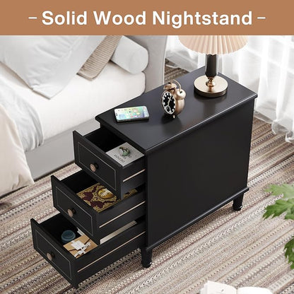 Tribesigns Solid Wood End Table Set of 2, Fully Assembled Narrow Side Table with Drawers, Pre-Assembled Nightstand Slim Bedside Table for Small Spaces, Living Room, Bedroom, Black