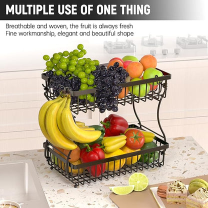 Fruit Basket,2-Tier Fruit Bowl with Banana Hanger,Kitchen Storage Countertop Rack,Fruit Metal Bowls Perfect for Holding Fruit,Vegetables,Snacks(Black)