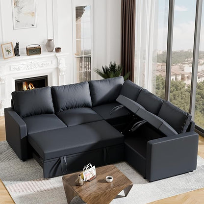Sleeper Sofa Bed, Modular Sectional Couch with Pull Out Bed, L Shaped Sectional Convertible SofaBed with Storage Seat, for Living Room Apartment Bedroom Office Dark Gray Linen
