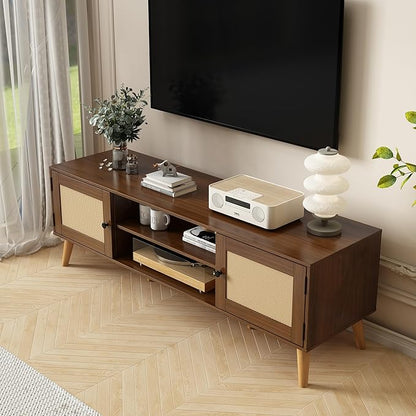 TV Stand for TVs up to 65 inches, Rattan Grain Finish Panel with 2 Storage cabinets, Modern Minimalist Style, Living Room, Audio-Visual Room for Multiple Rooms,3 Colors Available (Walnut)