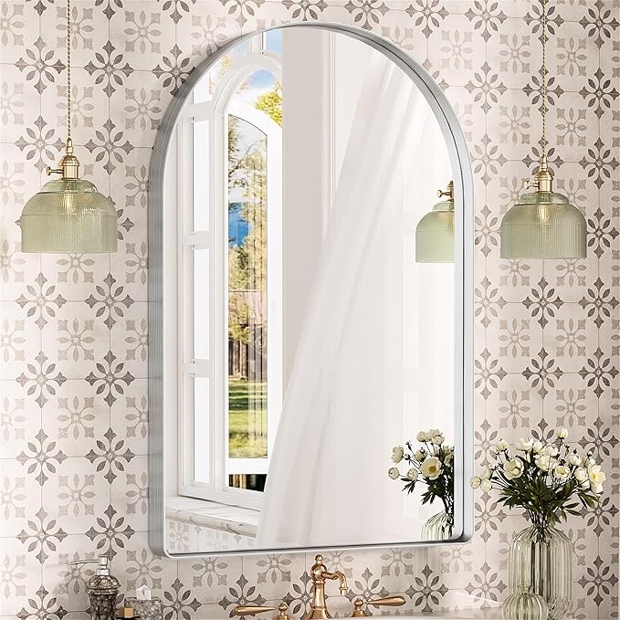 Suidia 22" x 30" Bathroom Mirror, Bathroom Vanity Mirror Metal Framed, Wall-Mounted Mirrors for Bedroom, Living Room, Entryway, Hallway, Silver, Arch Style